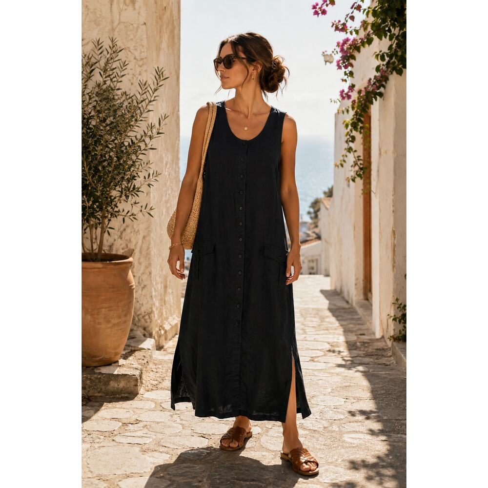 Rafaella Black 100% Linen Button Front Maxi Dress Size 12 Minimalist Lagenlook